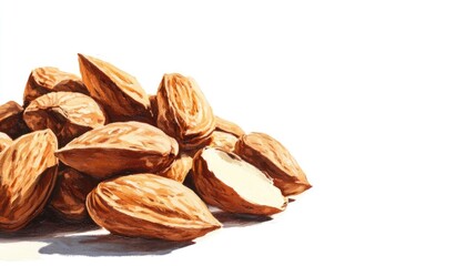 Wall Mural - Oil painting depicting almonds isolated on a white background