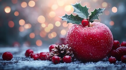 Red apple surrounded by holly, pine cones, and winter berries on a snowy surface with a soft bokeh background during festive season