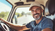© forenna - cheerful truck driver navigating his truck with ease, glancing at the camera with a proud and content expression, highlighting his passion for the job. photo