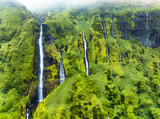 Fototapeta Zachód słońca - Green waterfall tropical landscape - Ribeira do Ferreira, green paradise hidden in Flores Island, Azores, Portugal, Pozo da Alagoinha