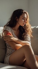 A young woman sits on a couch, holding her arm, looking thoughtful.