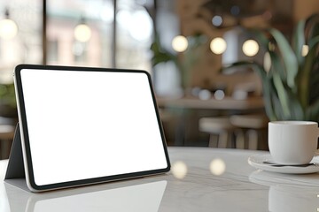 Wall Mural - a digital tablet with a blank white screen, placed on a table in what appears to be a cozy softly lit cafe or office setting