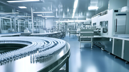 A high-tech cleanroom in a pharmaceutical factory featuring advanced equipment and a sterile environment for efficient production