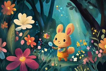 Wall Mural - Image of cute cartoon characters playing in the forest