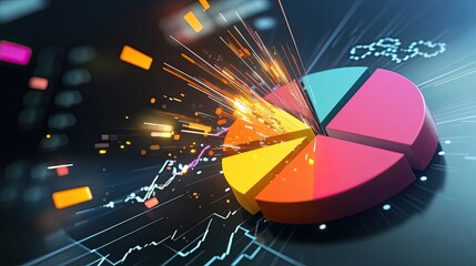 3D pie chart exploding into segments to represent investment diversification and financial strategies.