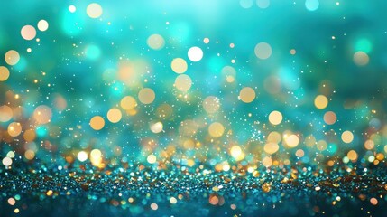 Wall Mural - 'glitter holiday confetti teal background. abstract texture green celebration bokeh gold star realis