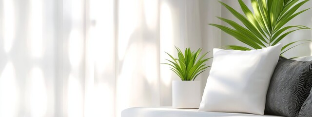 Canvas Print -  A living room features a white couch with a green plant in a white vase situated at its back