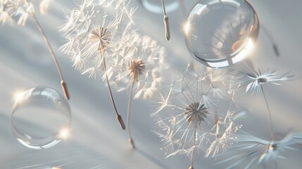 Wall Mural -  Explore the delicate beauty of nature and glass with a super realistic composition featuring dandelion seeds and small glass objects against a sleek grey background.
