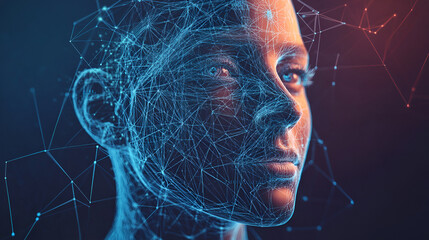 A digital representation of a woman's face with a network of interconnected lines, symbolizing the digital age.