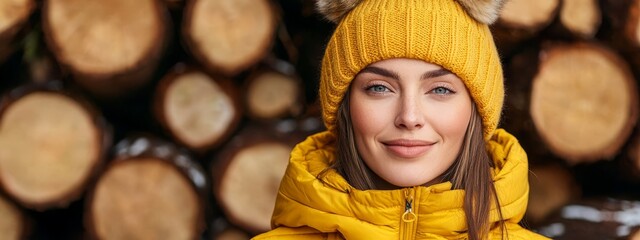 Wall Mural -  A woman dons a yellow jacket and a matching yellow hat adorned with a fur pom-pom