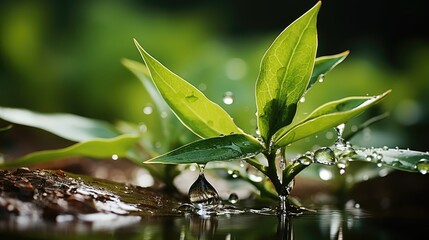 fresh green leaves with water drops over the water , relaxation with water ripple drops  