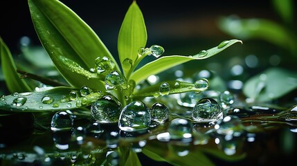 Wall Mural - fresh green leaves with water drops over the water , relaxation with water ripple drops 