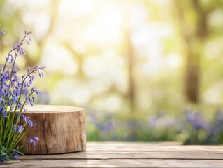 Poster - Wooden Tree Stump with Bluebells in a Sunny Forest.