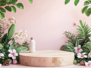 Poster - Wooden Podium with Tropical Plants and Flowers for Product Presentation.