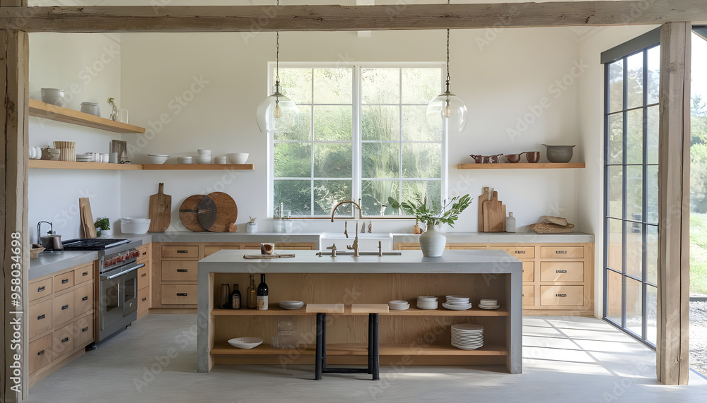 Modern interior design of kitchen with island in farmhouse.Interior ...