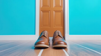 Wall Mural - A pair of brown shoes on a wooden floor in front of an open door, AI