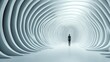 © starush - A person standing in a long white tunnel with curved walls, AI