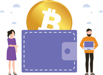 Wall Mural - Boy and girl stand with bitcoin wallet.