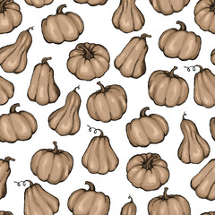 Wall Mural - Brown pumpkin seamless pattern. Autumn harvest pumpkin. halloween party paper. Healthy organic food concept, pumpkins on while background, hand drawing