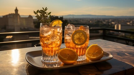 Two glasses of a drink with a slice of lemon on top