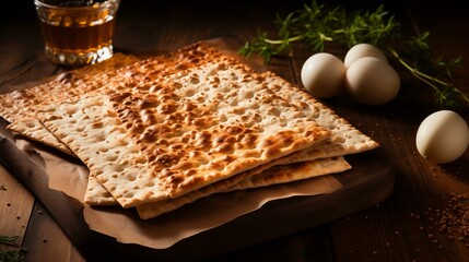 A plate of crackers sits on a wooden table next to a glass of liquid