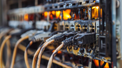 Wall Mural - close-up of the power cables being connected and starting to ignite. burning and melting cables.
