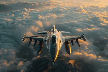 Military jet soaring above the clouds at sunset, showcasing aerial capabilities and stunning views from the cockpit