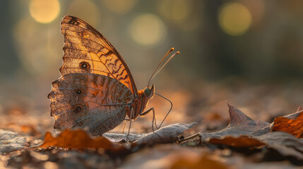 Sticker - Close-Up of a Butterfly on Fallen Leaves in Autumn