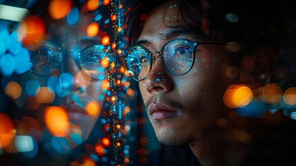 Wall Mural - Portrait of a young Asian man near a bright holographic screen in a modern technology office. Technology and business concept.