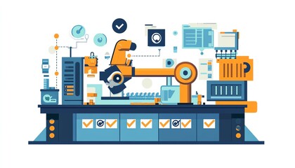 Fototapete - Automation in industrial business processes, showcasing workflow optimization with checkboxes and visual elements of enhanced efficiency and productivity
