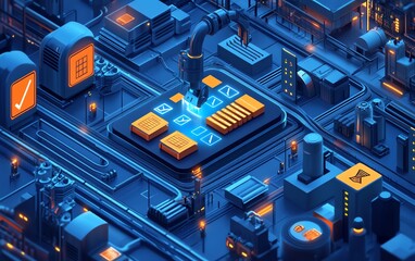Fototapete - Automation concept featuring industrial business process workflow optimization, with checkboxes and visual elements of streamlined operations