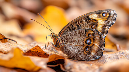 Wall Mural - Close-Up of a Butterfly on Autumn Leaves