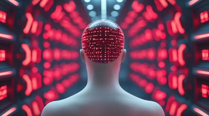 A man with a head that is made up of red lights, AI