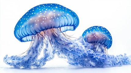 Blue Jellyfish Duo: Two mesmerizing blue jellyfish with their intricate bell structures and delicate tentacles, captured in a stunning underwater portrait. The image evokes a sense of wonder and tranq