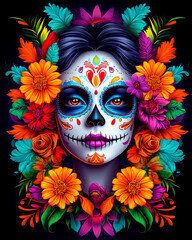 Wall Mural - A woman with a flowery headdress and a skeleton on her face. The flowers are in various colors and the skeleton is in black