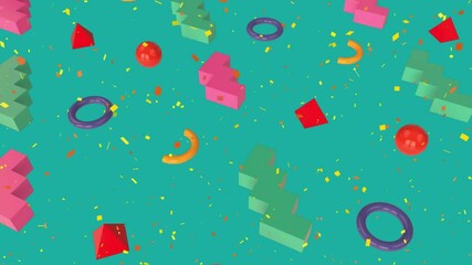 Poster - Colorful geometric shapes and confetti falling, festive animation