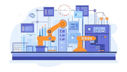 Fototapete - Concept of automation in industrial processes, showcasing workflow optimization with checkboxes and detailed visuals of streamlined business operations