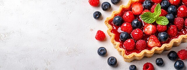 Wall Mural -  A pie, topped with berries - blueberries predominantly - sits atop a pristine white table Nearby, a mound of ripe blueberries and raspberries