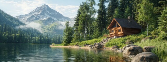 Wall Mural -  A painting of a cabin by the lake, with a mountain behind it and a forest in the foreground