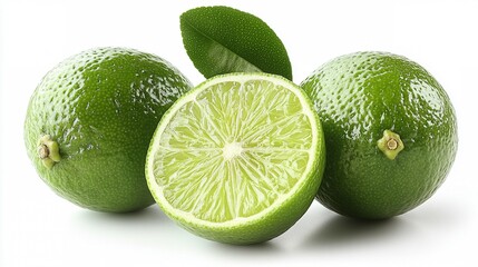 Zesty Trio: Three vibrant limes, one sliced open, against a white background, showcasing their fresh, juicy appeal.