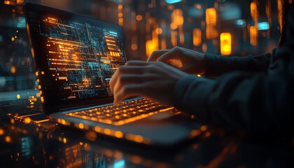 Leinwandbilder - Concept of IT support and customer service, showcasing a software engineer working on a laptop, with global network and internet technology visuals
