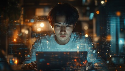 Poster - Concept of IT support and customer service, showcasing a software engineer working on a laptop, with global network and internet technology visuals