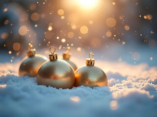 Wall Mural - golden christmas decoration balls on winter snow background