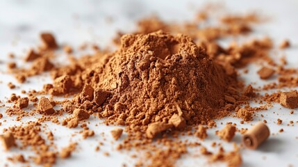 Wall Mural - Close-up of a heap of cinnamon powder on a white background