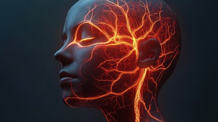 Wall Mural - A 3D rendering of a human head with glowing veins representing the nervous system, symbolizing the power of the human mind.