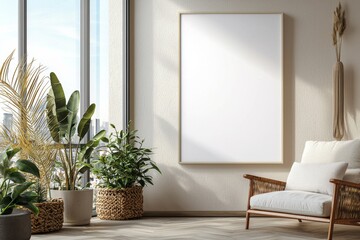 Poster Frame in Beige minimalist living room interior created with generative AI