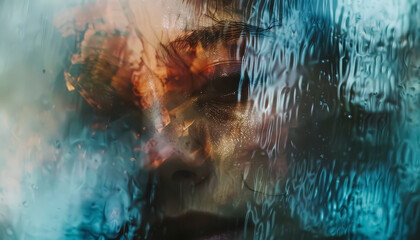 Wall Mural - A blurry face is shown through a window with raindrops on the glass