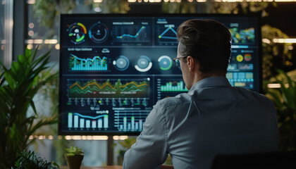 A man is sitting in front of a computer monitor with a lot of graphs