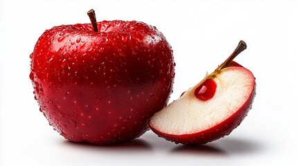 red apple with slice: a vibrant, juicy red apple, glistening with dew, is presented alongside a slic