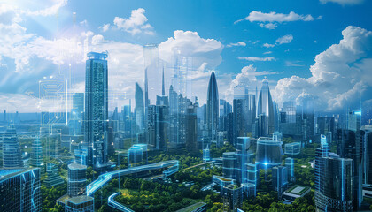 Wall Mural - A futuristic cityscape with tall buildings and a green park in the middle